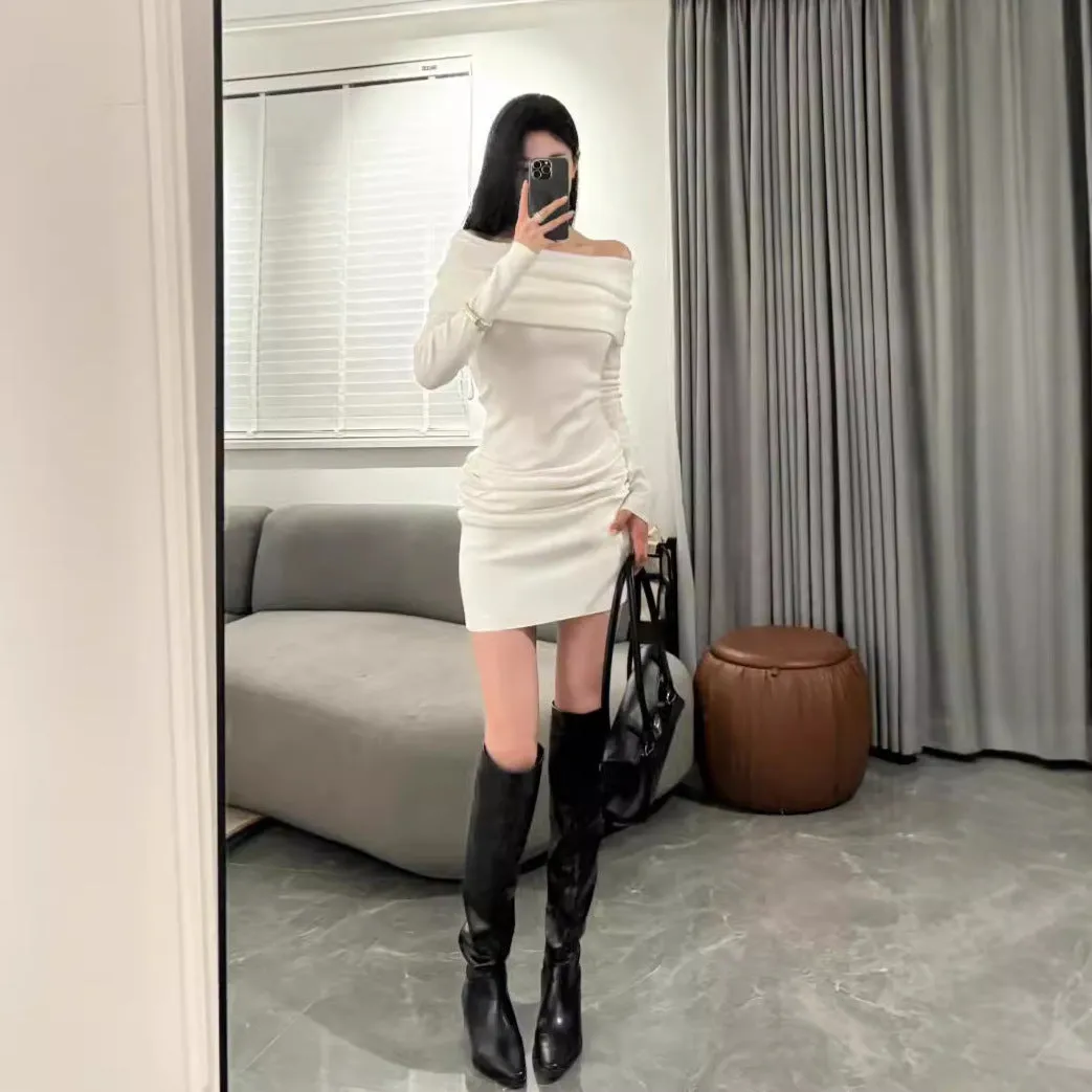 Aiertu long sweater dress outfit Niche Design Sexy off-Shoulder Slim-Fit Sheath Elegant Long Skirt off-Shoulder Bottoming Knitted Dress