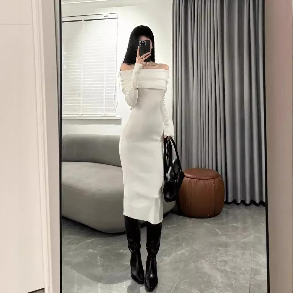Aiertu long sweater dress outfit Niche Design Sexy off-Shoulder Slim-Fit Sheath Elegant Long Skirt off-Shoulder Bottoming Knitted Dress