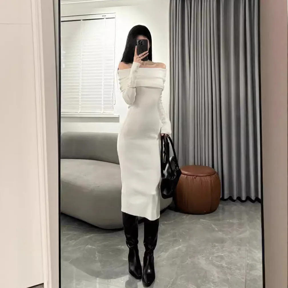 Aiertu long sweater dress outfit Niche Design Sexy off-Shoulder Slim-Fit Sheath Elegant Long Skirt off-Shoulder Bottoming Knitted Dress