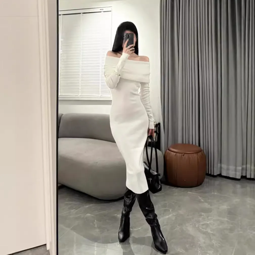 Aiertu long sweater dress outfit Niche Design Sexy off-Shoulder Slim-Fit Sheath Elegant Long Skirt off-Shoulder Bottoming Knitted Dress
