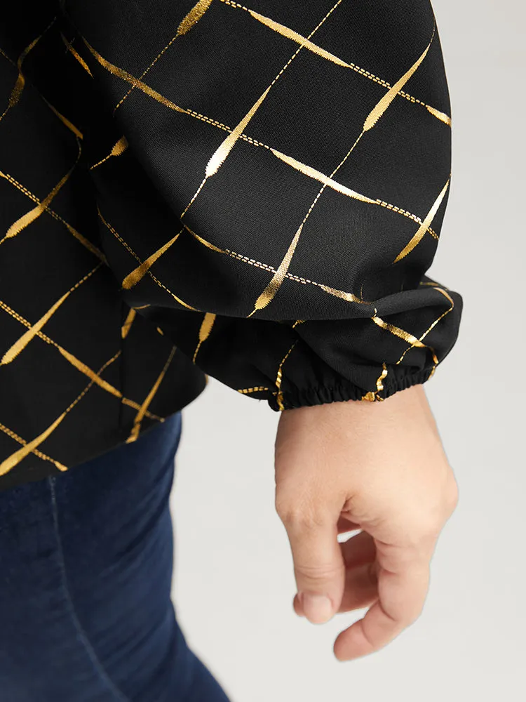Argyle Print V Neck Lantern Sleeve Blouse