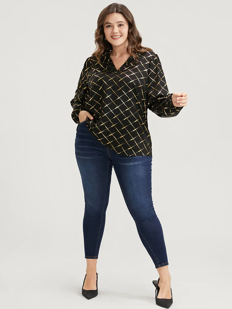 Argyle Print V Neck Lantern Sleeve Blouse