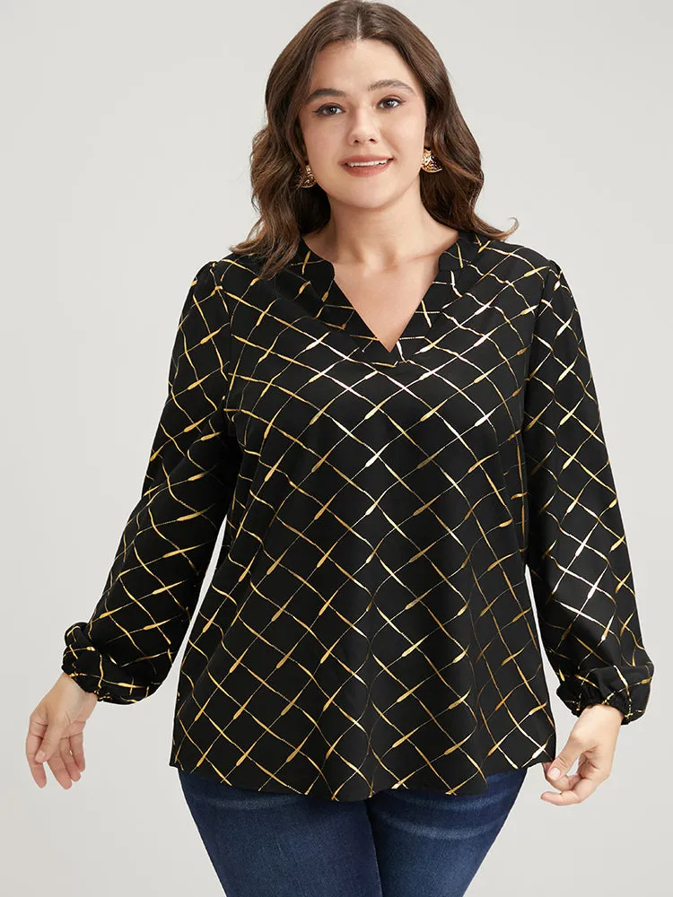 Argyle Print V Neck Lantern Sleeve Blouse