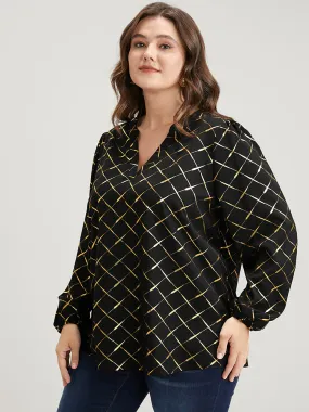 Argyle Print V Neck Lantern Sleeve Blouse