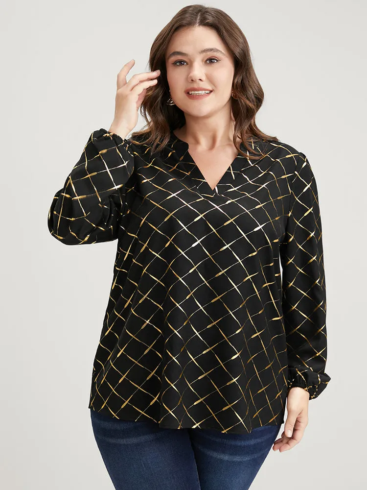 Argyle Print V Neck Lantern Sleeve Blouse