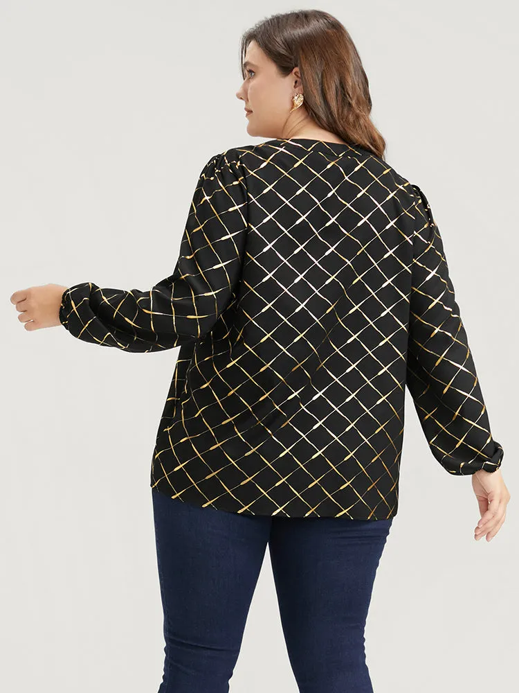 Argyle Print V Neck Lantern Sleeve Blouse