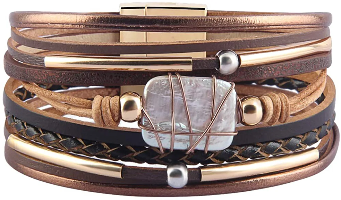 AZORA Womens Leather Cuff Bracelet Baroque Pearl Wrap Bracelets Gorgeous Gold Tube Bangle Handmade Wristbands Jewelry Bohemian Gift for Women, Teen Girls, Mother
