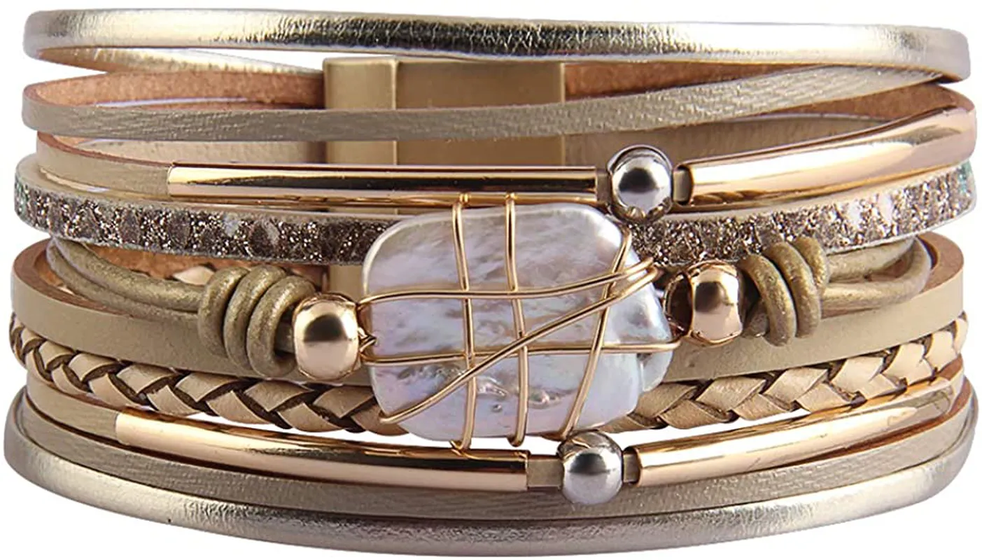 AZORA Womens Leather Cuff Bracelet Baroque Pearl Wrap Bracelets Gorgeous Gold Tube Bangle Handmade Wristbands Jewelry Bohemian Gift for Women, Teen Girls, Mother