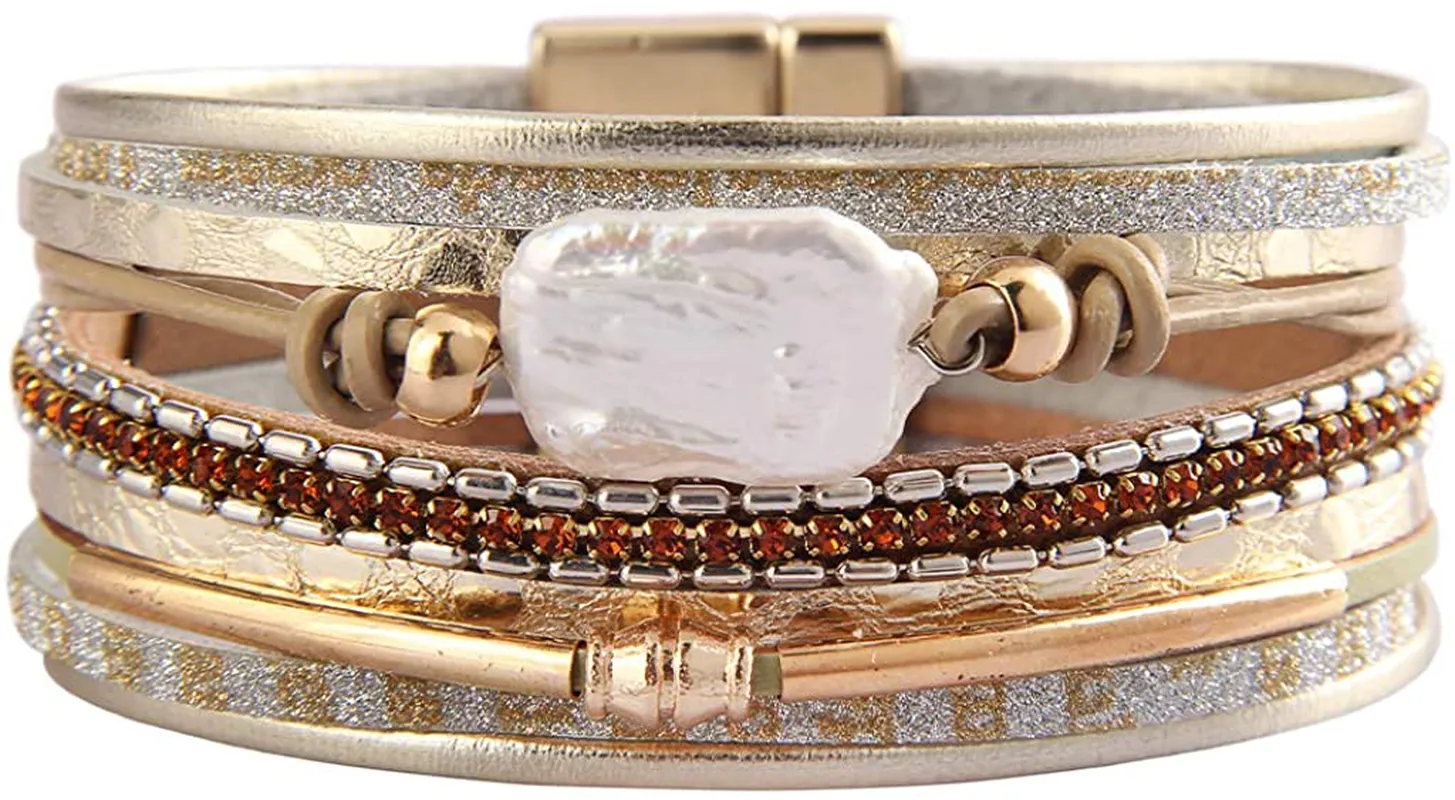 AZORA Womens Leather Cuff Bracelet Baroque Pearl Wrap Bracelets Gorgeous Gold Tube Bangle Handmade Wristbands Jewelry Bohemian Gift for Women, Teen Girls, Mother