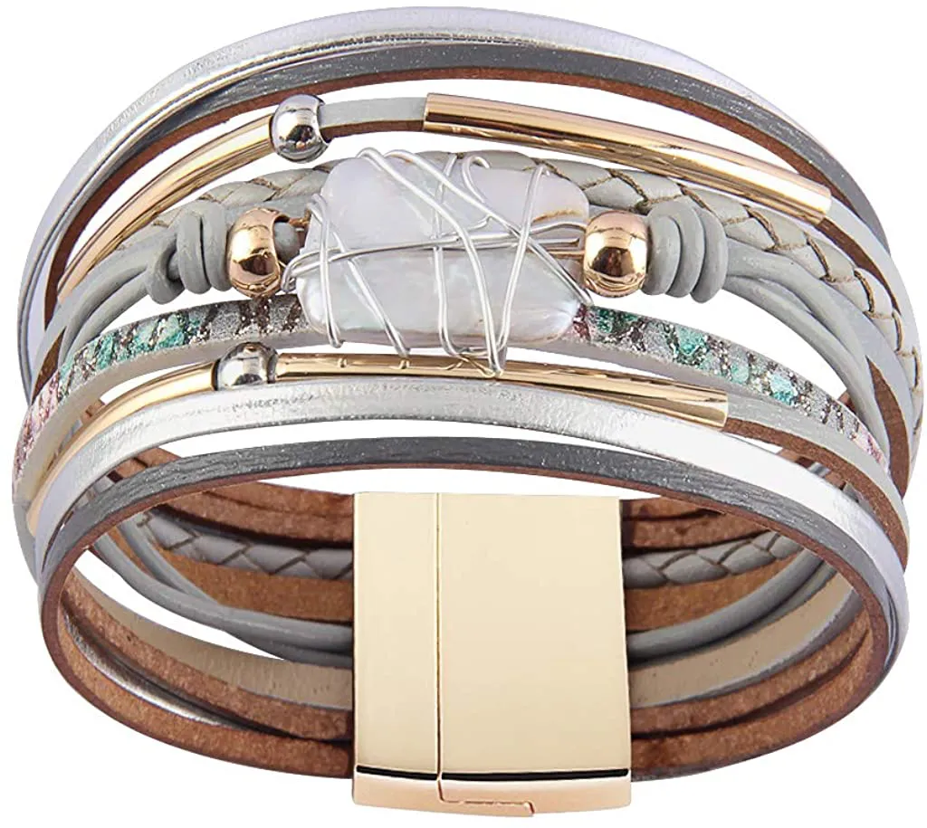 AZORA Womens Leather Cuff Bracelet Baroque Pearl Wrap Bracelets Gorgeous Gold Tube Bangle Handmade Wristbands Jewelry Bohemian Gift for Women, Teen Girls, Mother