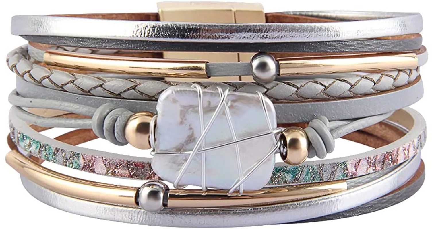 AZORA Womens Leather Cuff Bracelet Baroque Pearl Wrap Bracelets Gorgeous Gold Tube Bangle Handmade Wristbands Jewelry Bohemian Gift for Women, Teen Girls, Mother