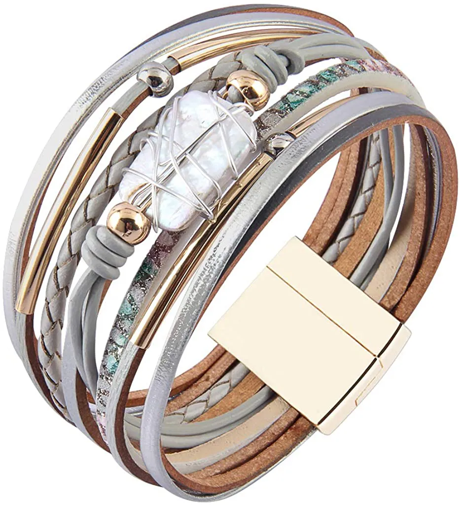 AZORA Womens Leather Cuff Bracelet Baroque Pearl Wrap Bracelets Gorgeous Gold Tube Bangle Handmade Wristbands Jewelry Bohemian Gift for Women, Teen Girls, Mother