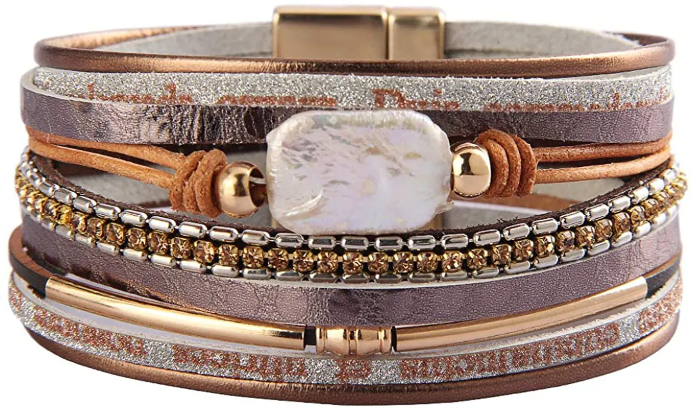 AZORA Womens Leather Cuff Bracelet Baroque Pearl Wrap Bracelets Gorgeous Gold Tube Bangle Handmade Wristbands Jewelry Bohemian Gift for Women, Teen Girls, Mother