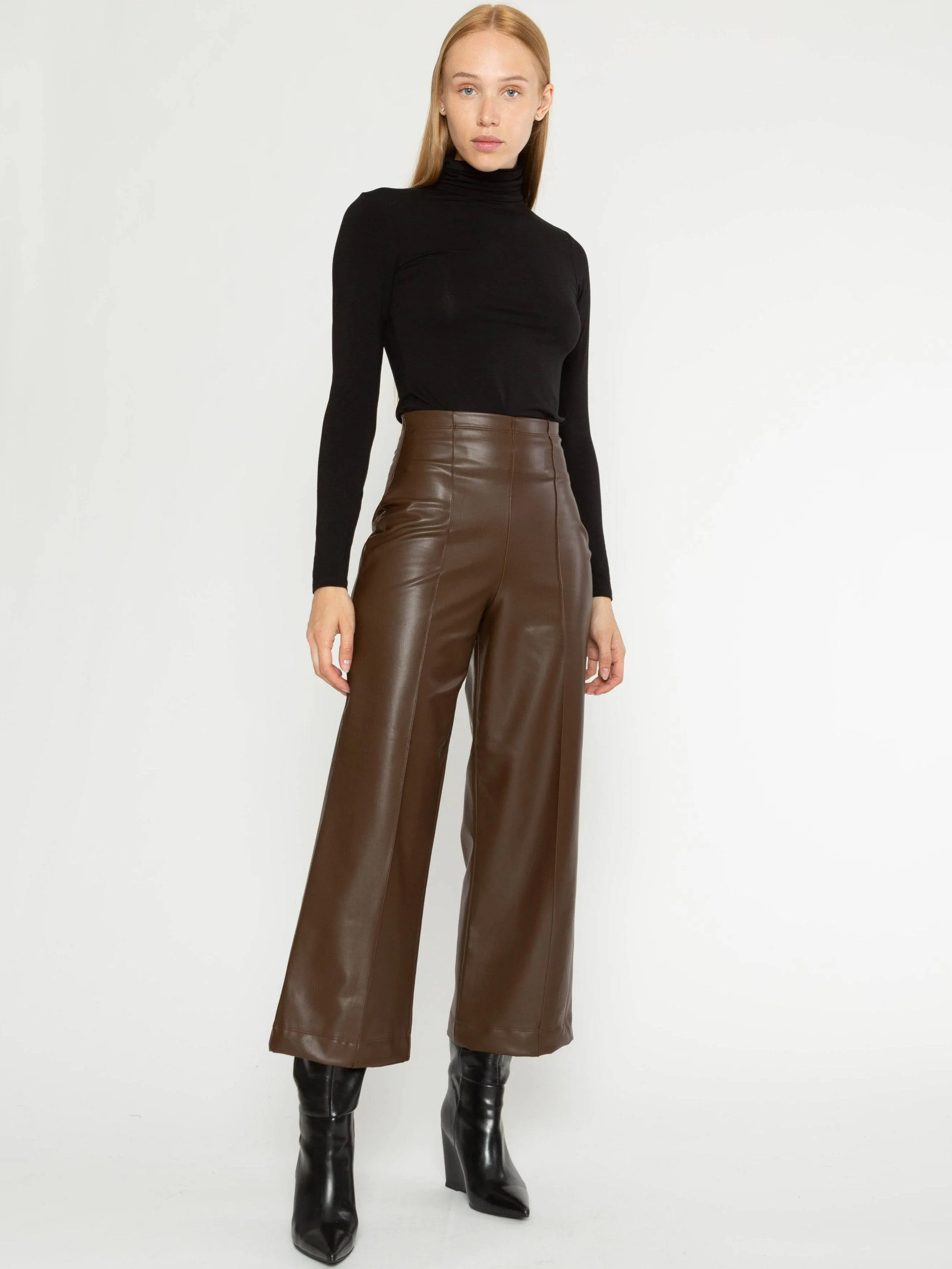 Chocolate Vegan Leather Straight Leg Pant: Cropped