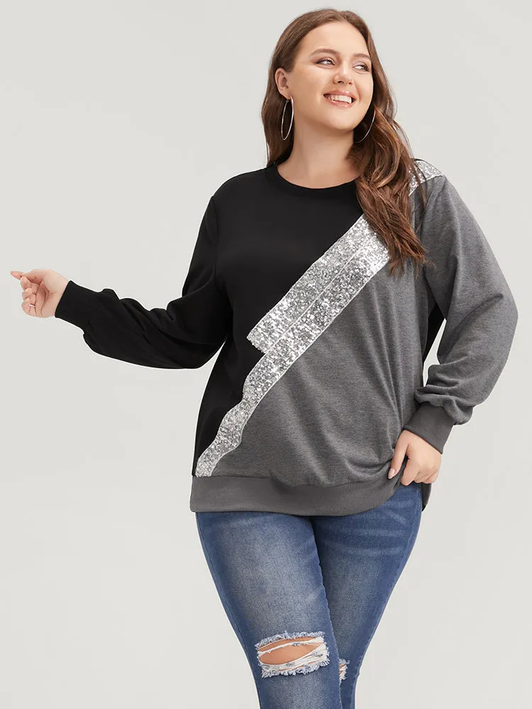 Colorblock Contrast Sequin Drop Shoulder Sweatshirt