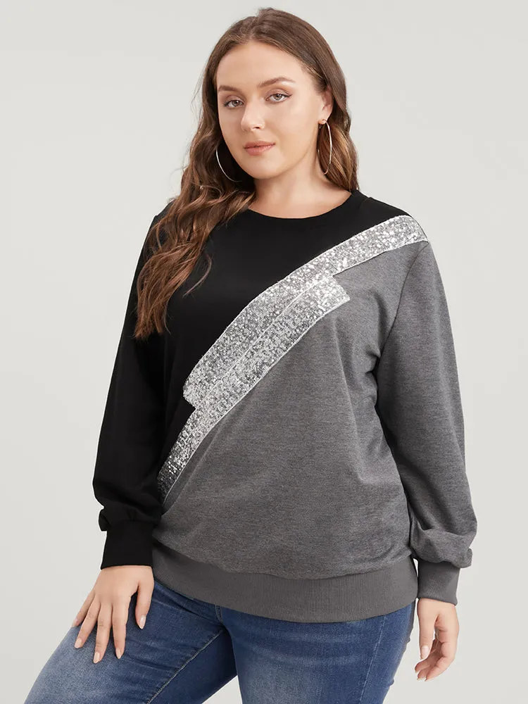 Colorblock Contrast Sequin Drop Shoulder Sweatshirt
