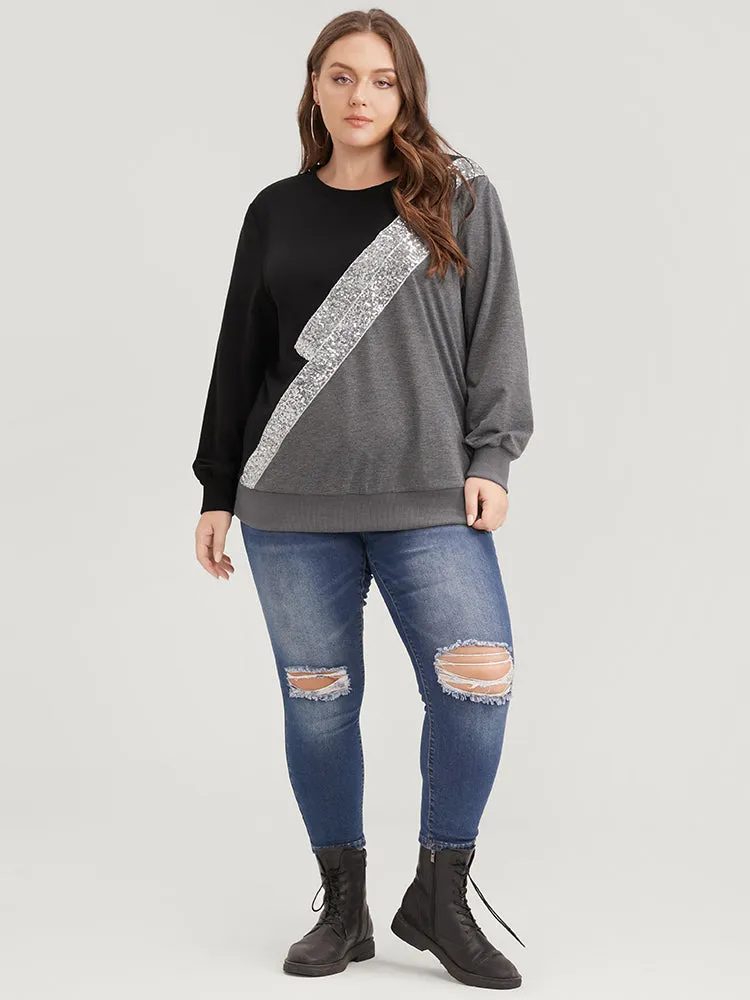 Colorblock Contrast Sequin Drop Shoulder Sweatshirt