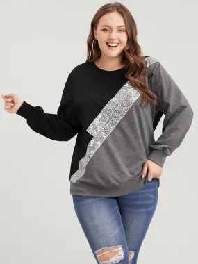 Colorblock Contrast Sequin Drop Shoulder Sweatshirt
