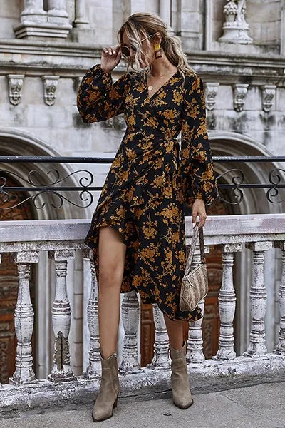 Dunnmall Darling Daylily Floral Print Wrap Dress
