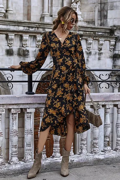 Dunnmall Darling Daylily Floral Print Wrap Dress