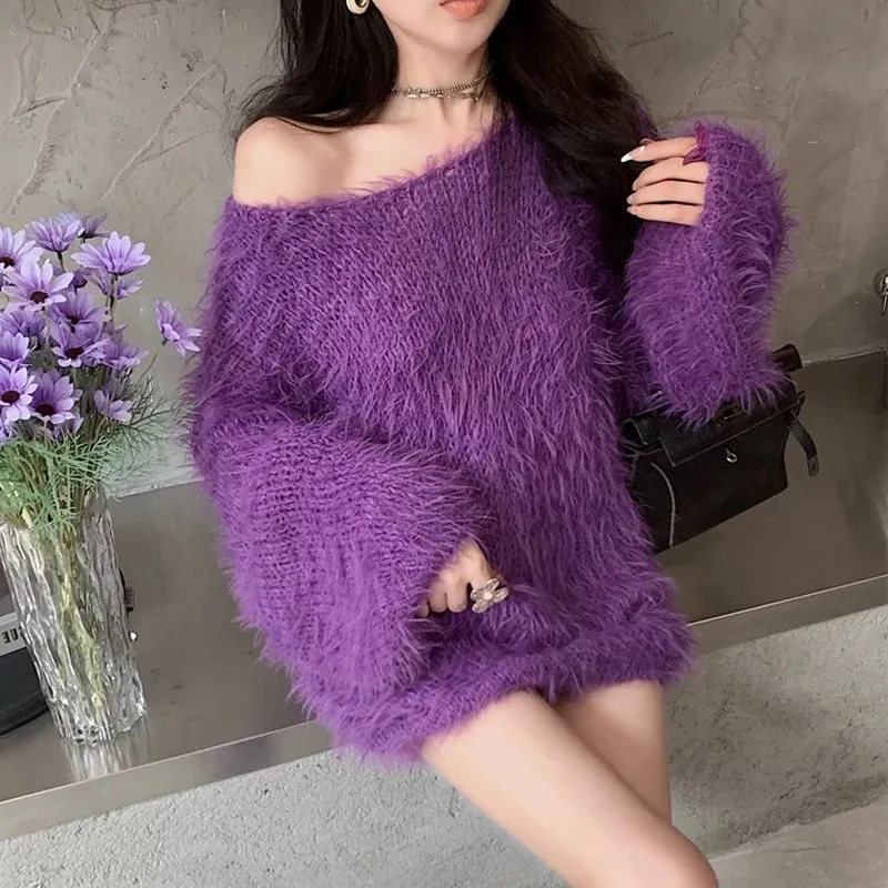 Elegant Women Fluffy Short Dress Autumn Winter Warm Lantern Long Sleeve Sweater Dresses Imitation Mink Velvet Long Sweaters