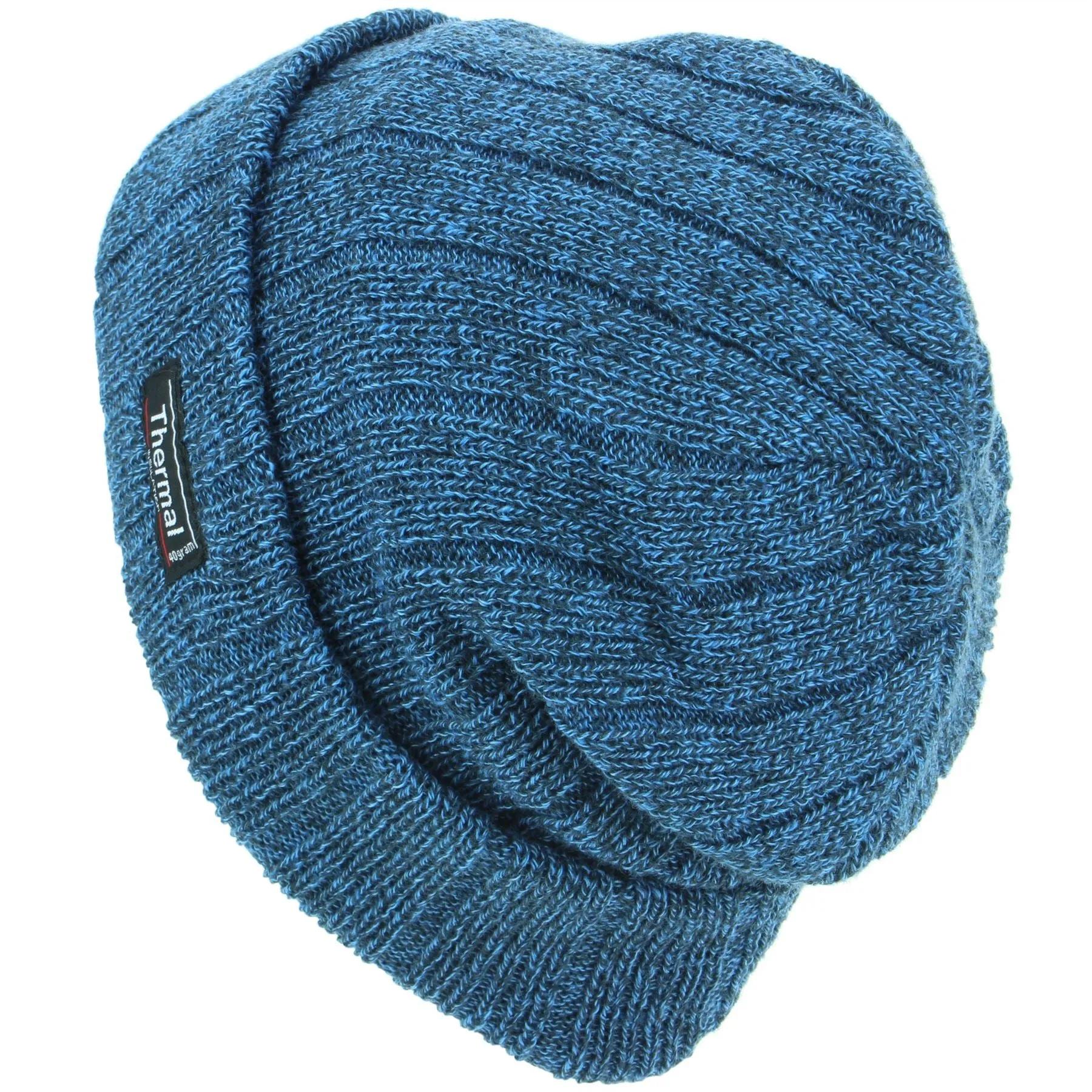 Fine Knit Marl Beanie Hat with Thermal Lining - Blue