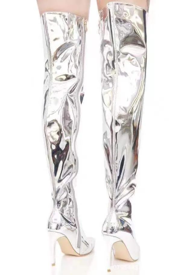 Foreign Trade Autumn and Winter New Pointed Toe Sexy Mirror Patent Leather Women's over the Knee Boots Catwalk Boots plus Size High Heels