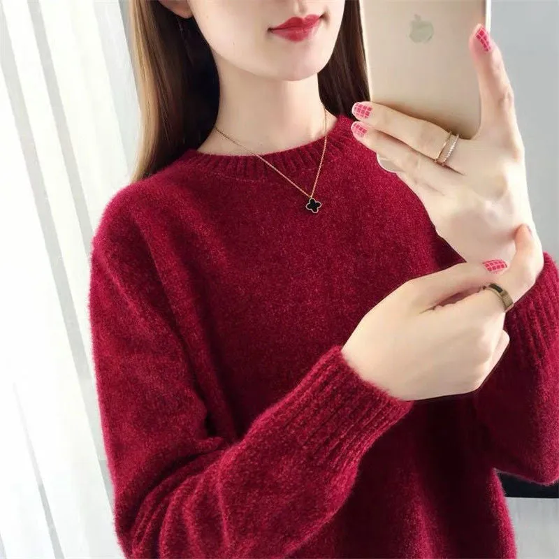 METAVERSMALL Autumn and winter new imitation chenille loose crew neck sweater 2023 Japanese and Korean casual style imitation mink velvet knitted bottoming shirt