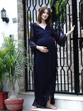 Navy Blue Wrap Chiffon Maternity Dress