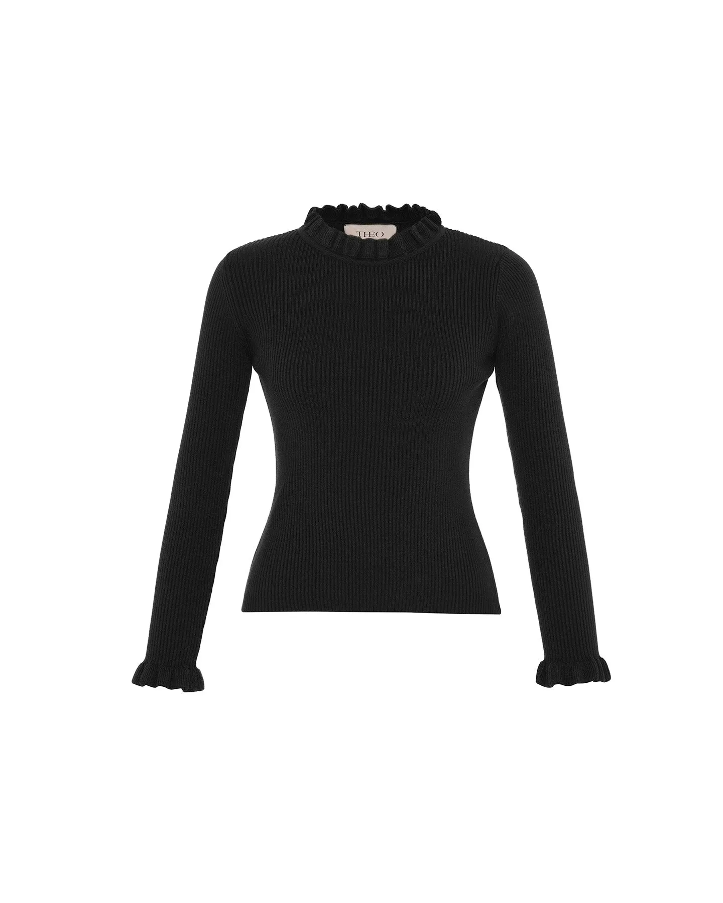 Pallas Rib Knit Ruffle Neck Sweater