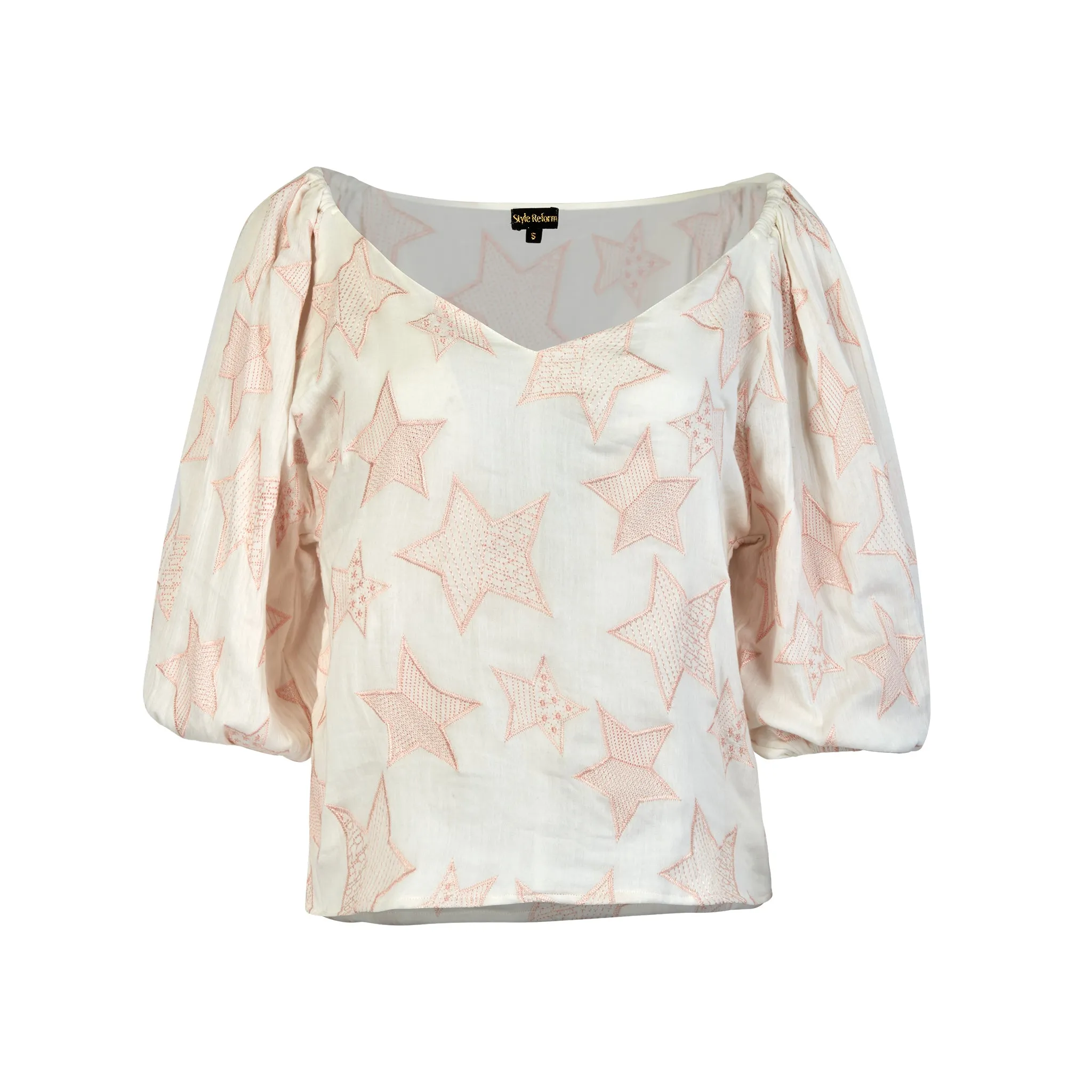Pam Vneck Ivory gauze Blouse with embroidered stars