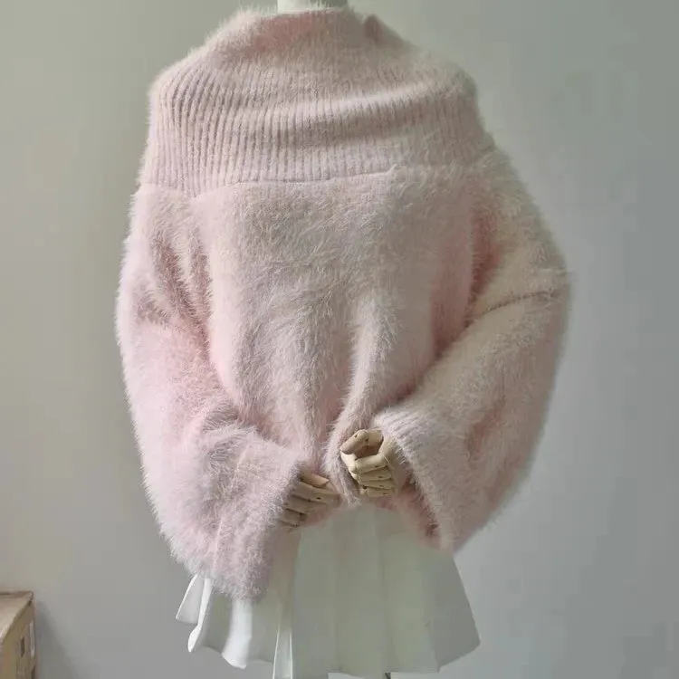 Pink Women’s One-Shoulder Pile Collar Sweater AD21171