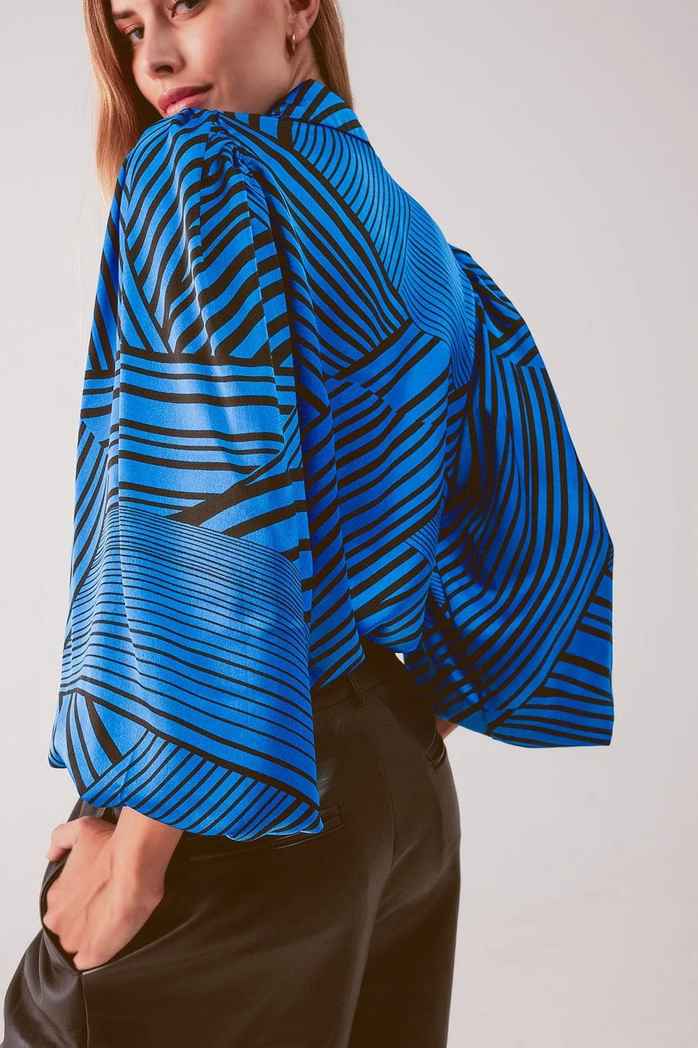 Puff Sleeve Printed Blouse In Blue