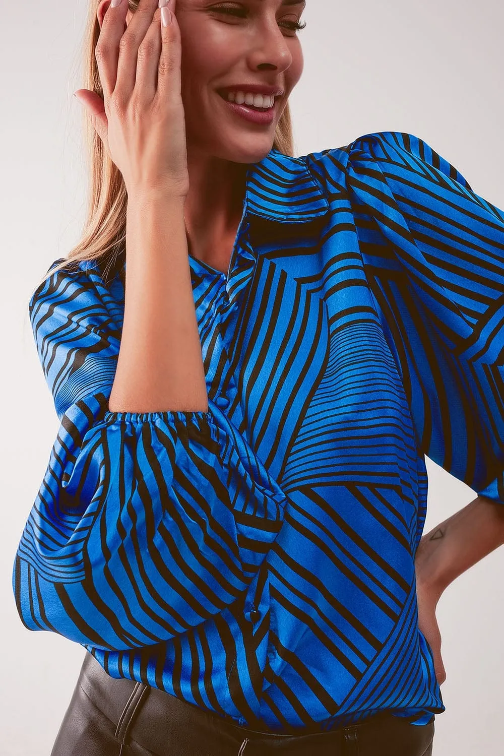 Puff Sleeve Printed Blouse In Blue