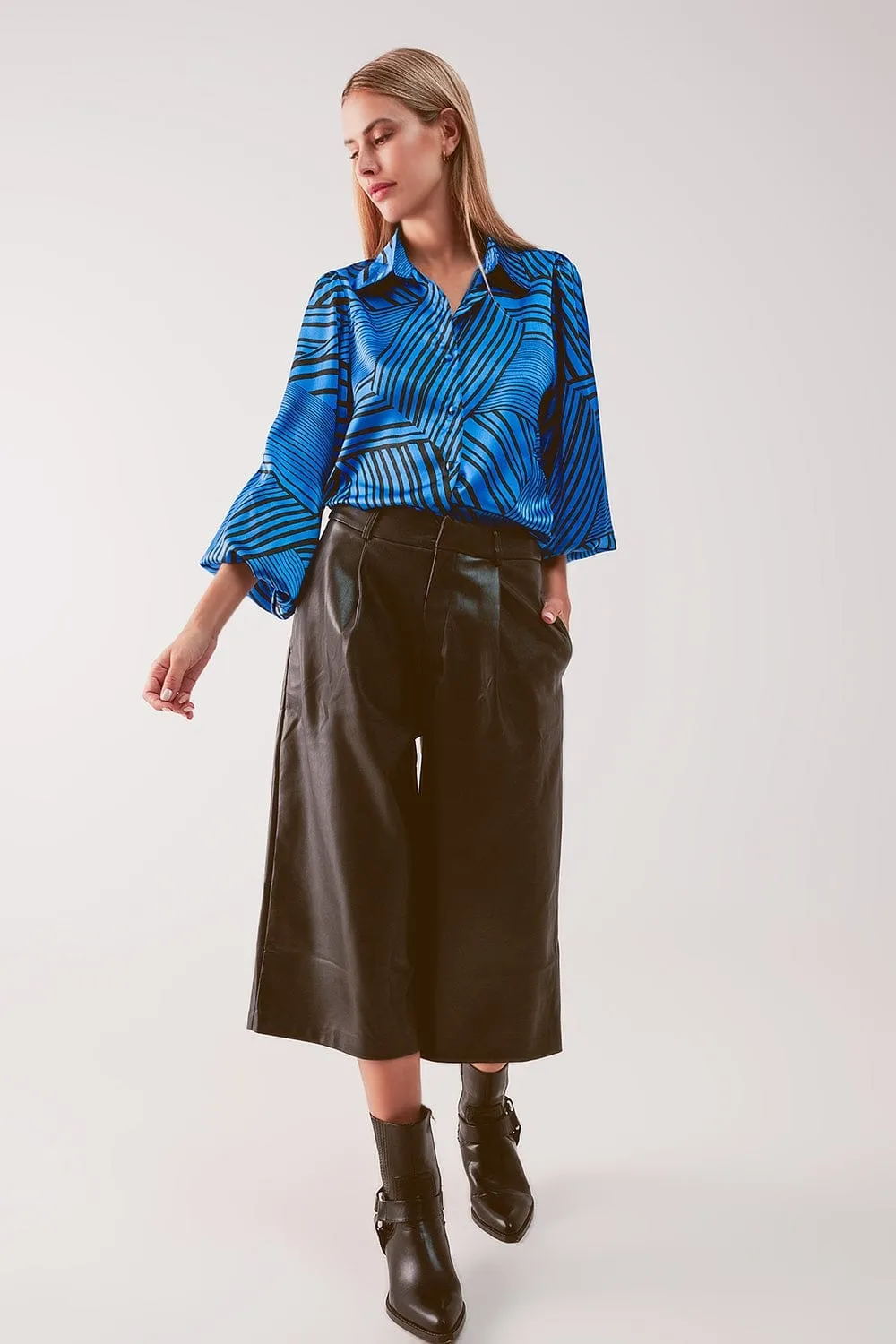 Puff Sleeve Printed Blouse In Blue
