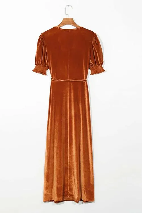 Puff Sleeve Velvet Wrap Maxi Dress