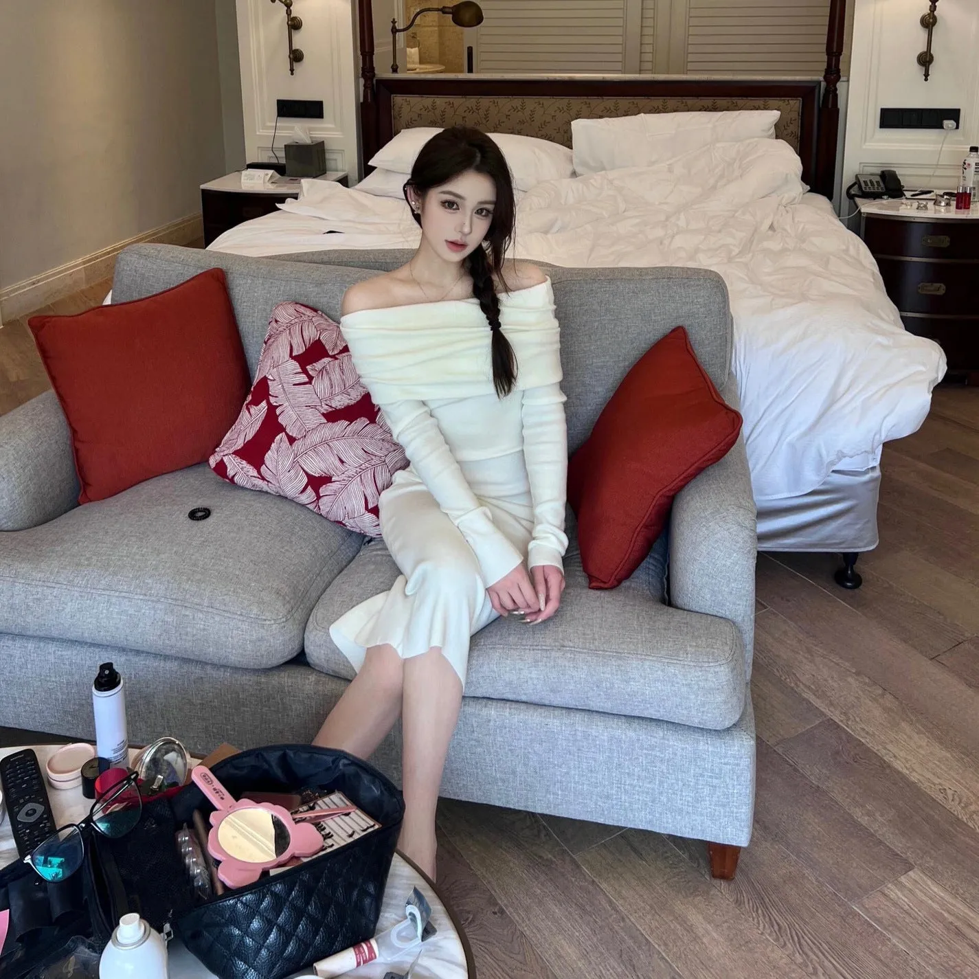 Purpdrank long sweater dress outfit Gentle Style White Soft Glutinous off-Shoulder Sweater Dress Autumn and Winter Elegant Slim-Fit off-Shoulder Bottoming Knitted Dress