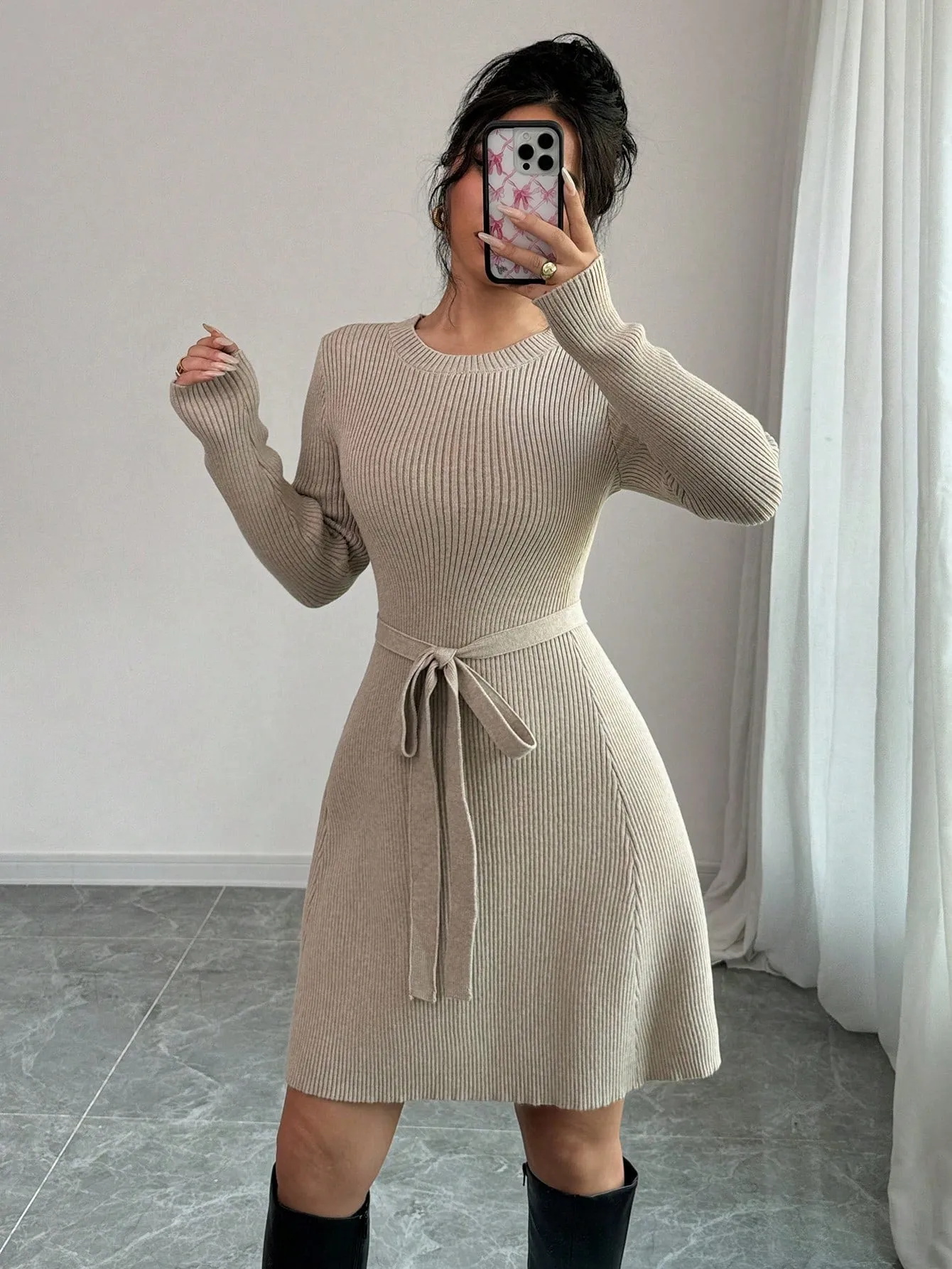 Raffinea Solid Color Fitted A-Line Midi Sweater Dress