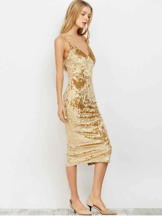 TastyHottie - Cute Strappy Crushed Velvet Midi Pencil Dress