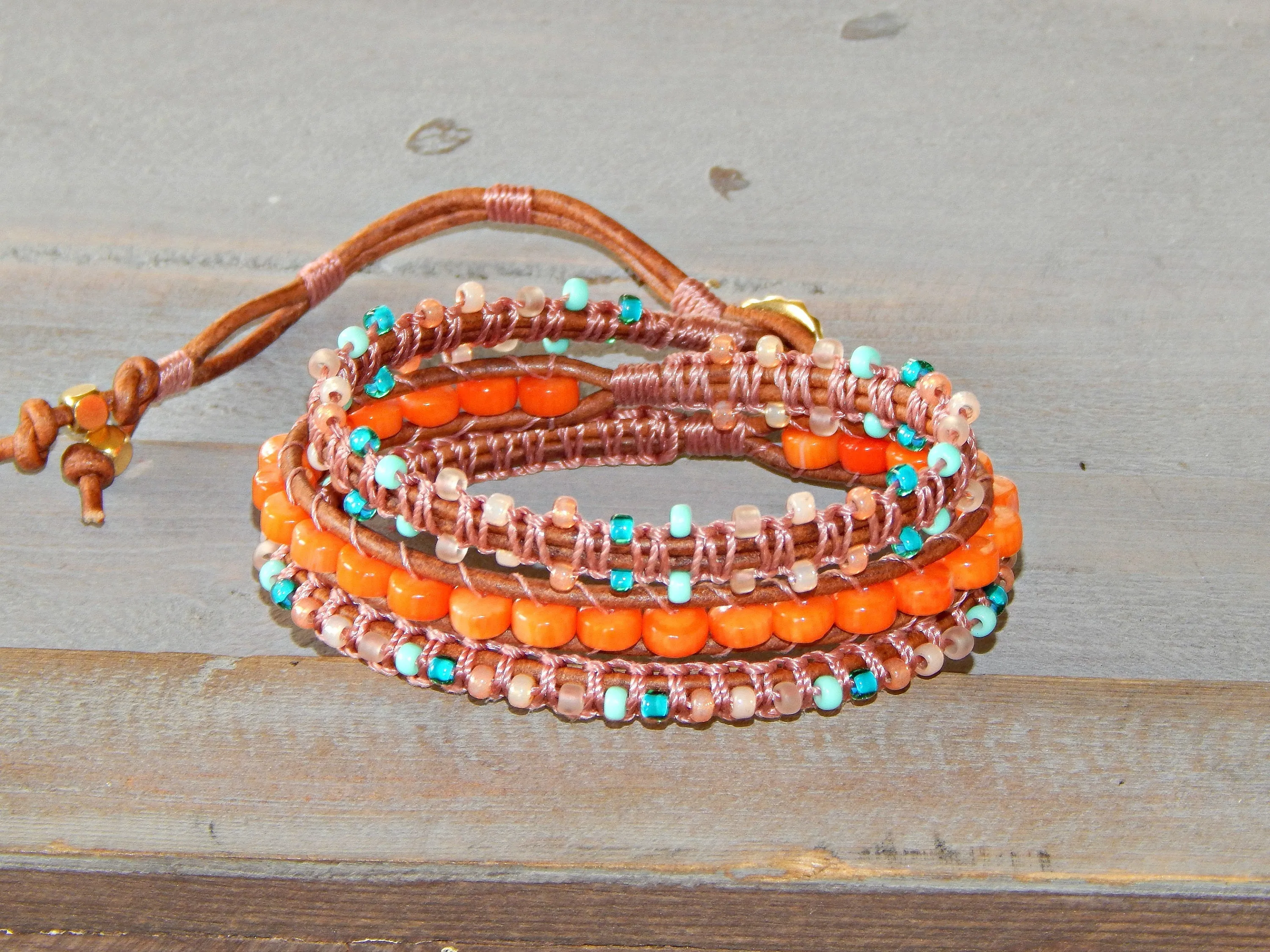 Teal and Coral Macrame Boho 3x wrap bracelet, unique macrame wrap bracelet
