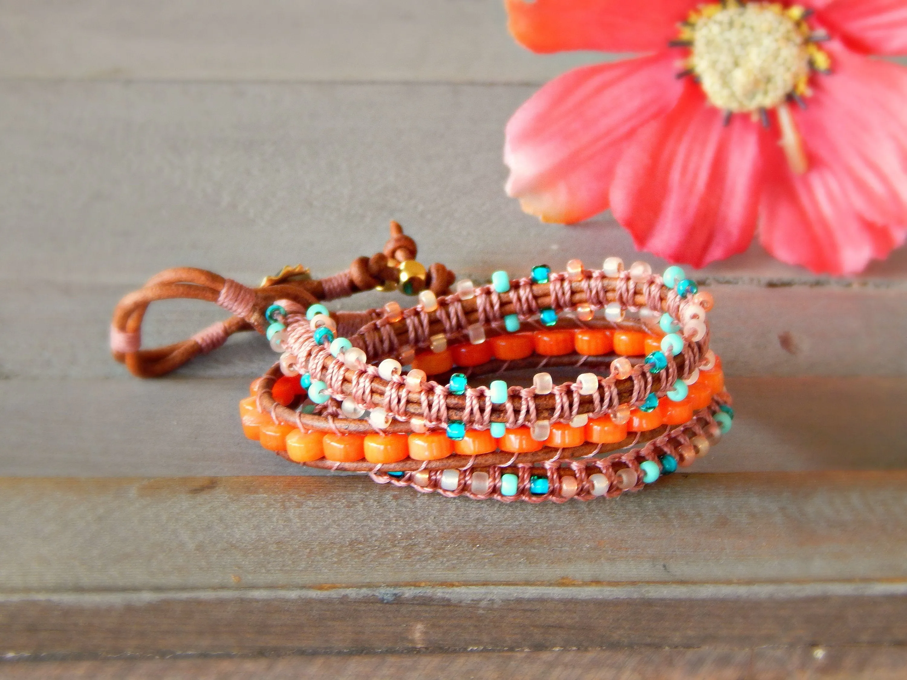 Teal and Coral Macrame Boho 3x wrap bracelet, unique macrame wrap bracelet