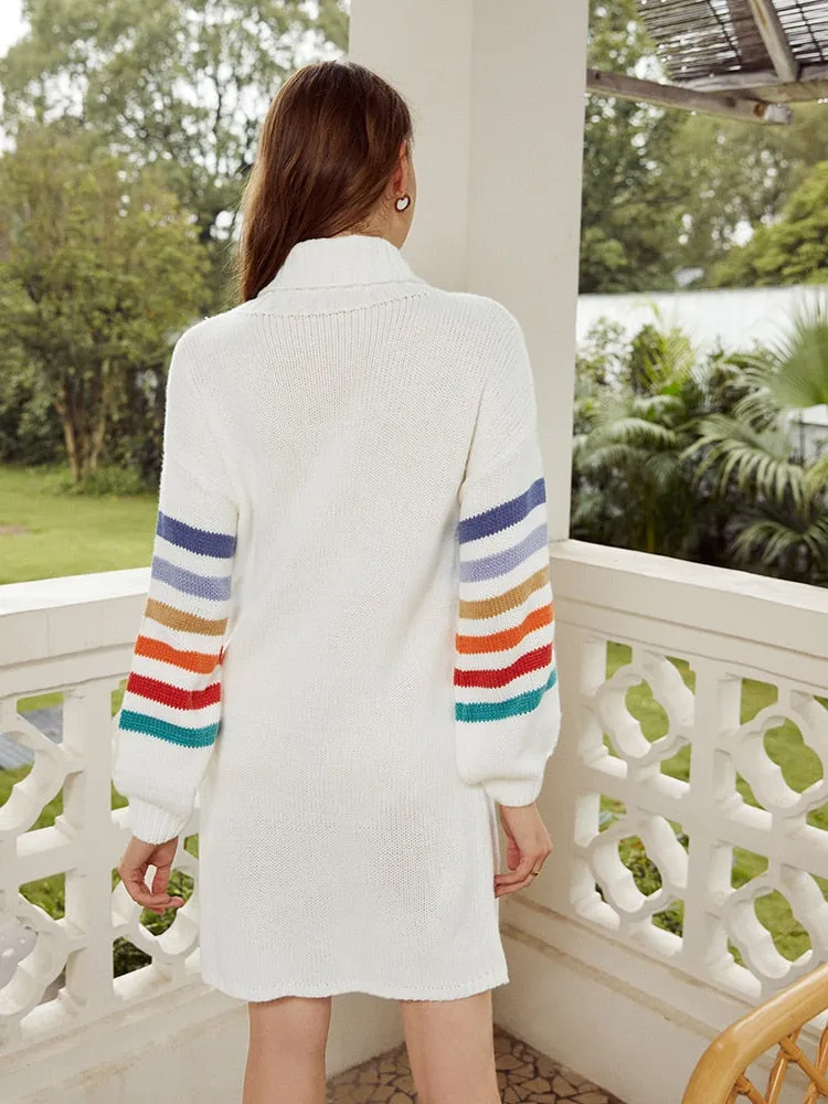 Turtleneck Rainbow Knitted Casual High Fashion Sweater Short Autumn Winter Sweater Dress
