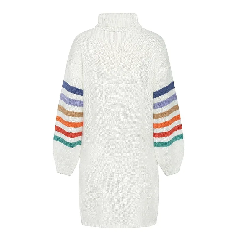 Turtleneck Rainbow Knitted Casual High Fashion Sweater Short Autumn Winter Sweater Dress