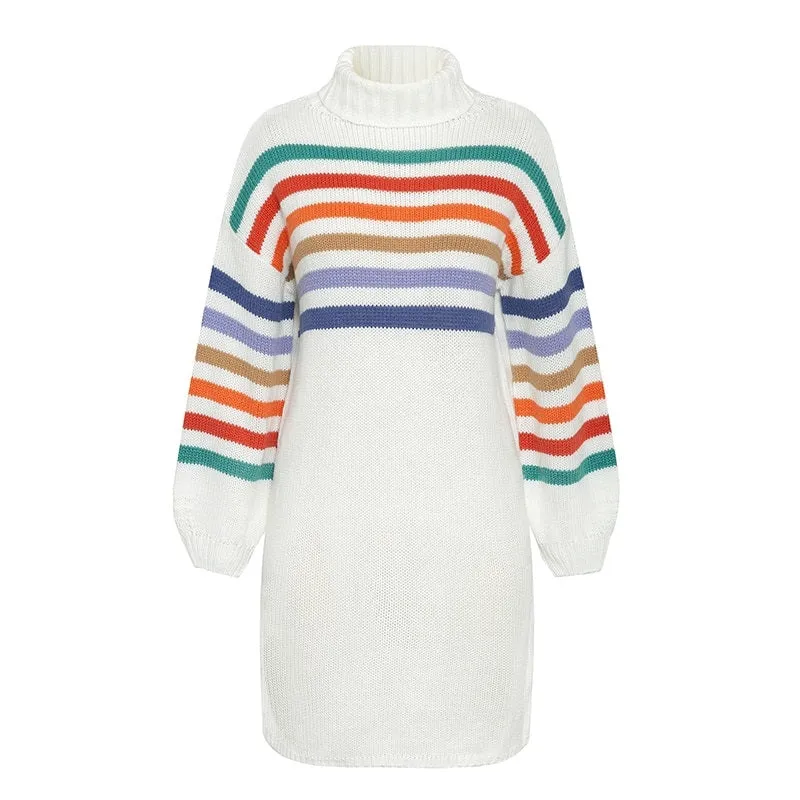 Turtleneck Rainbow Knitted Casual High Fashion Sweater Short Autumn Winter Sweater Dress