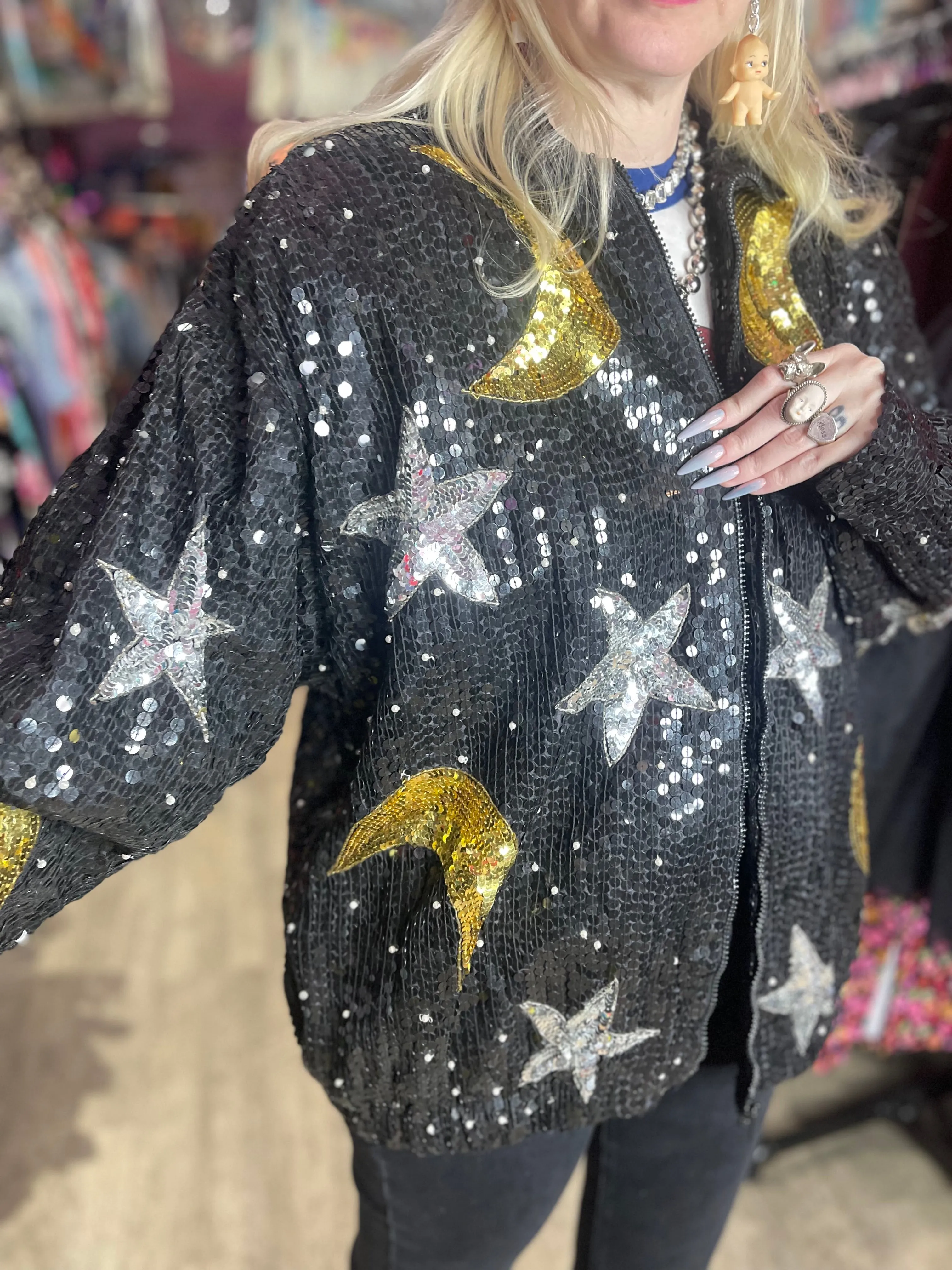 Vintage 90’s Sequin Celestial Pearl Beaded Bomber Jacket