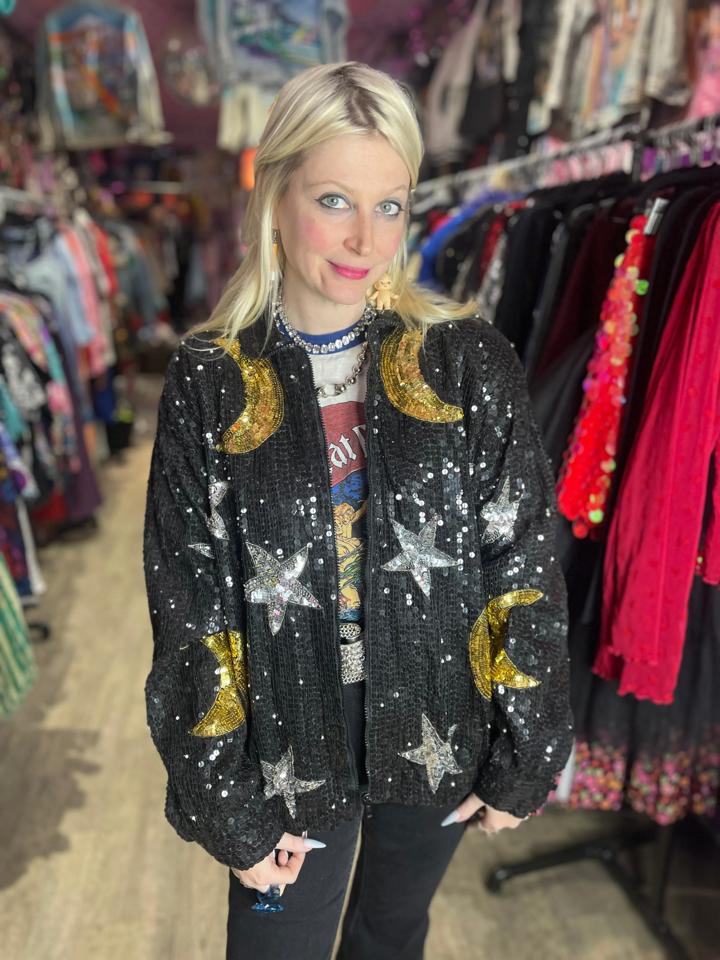 Vintage 90’s Sequin Celestial Pearl Beaded Bomber Jacket