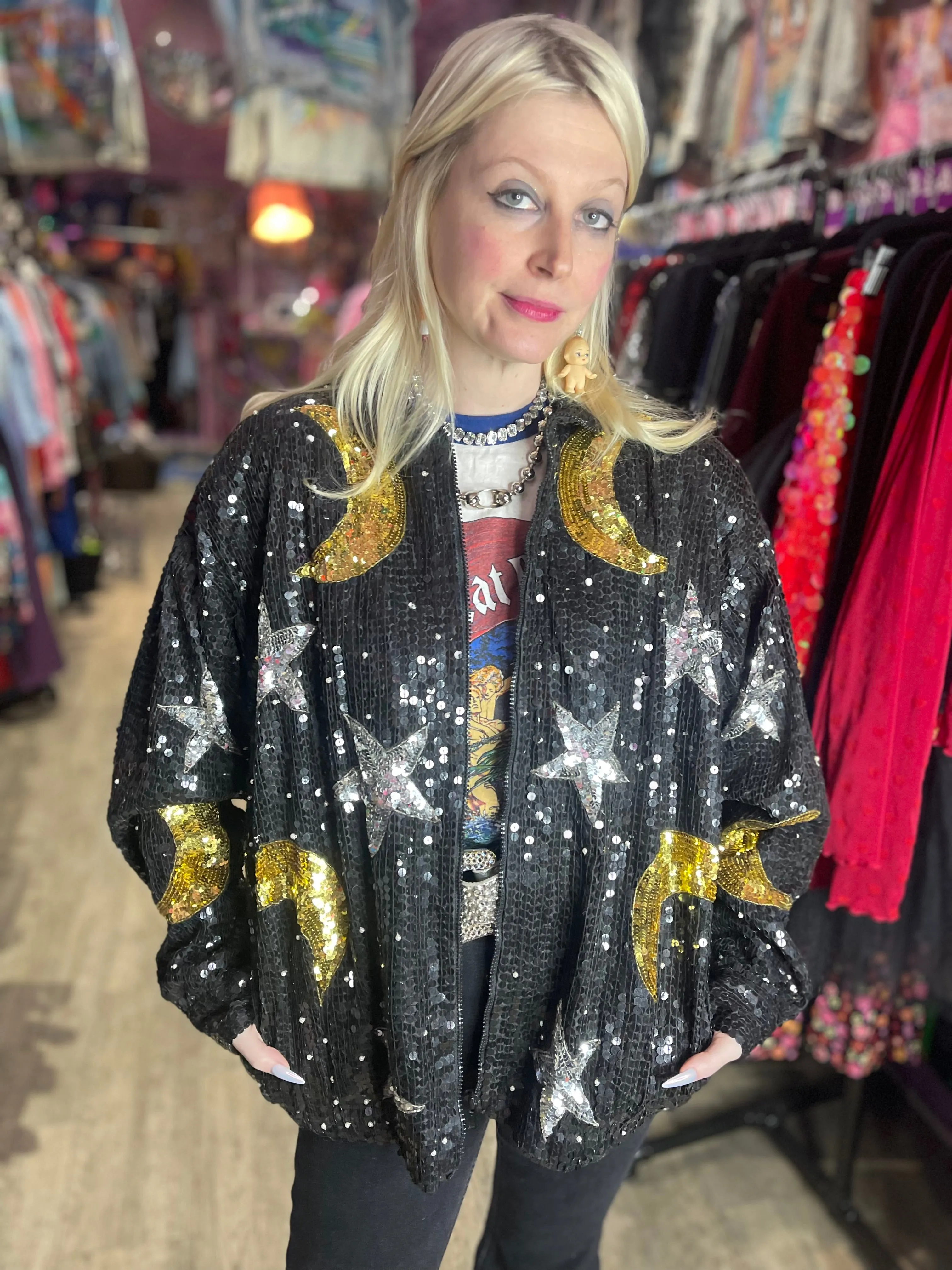 Vintage 90’s Sequin Celestial Pearl Beaded Bomber Jacket
